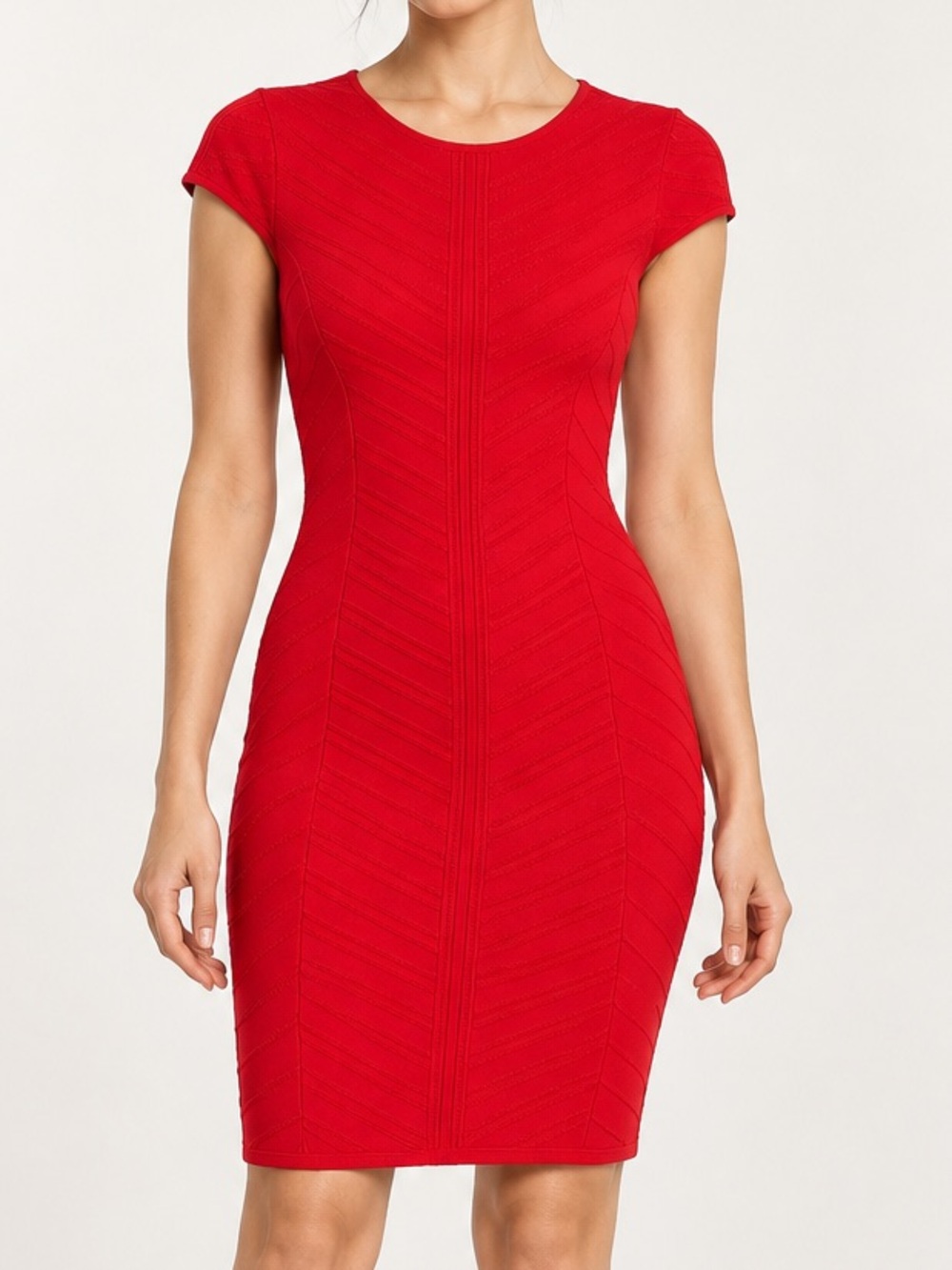 Red Bodycon Dress Chevron Knit Cap Sleeve Stretch Cocktail Sheath Caché Small S
